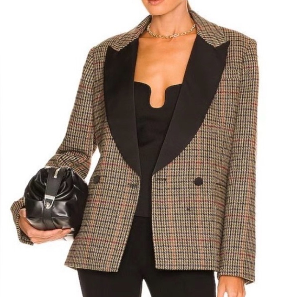 L'ACADEMIE Camilo Wool Blazer brown black plaid tuxedo lapel oversize